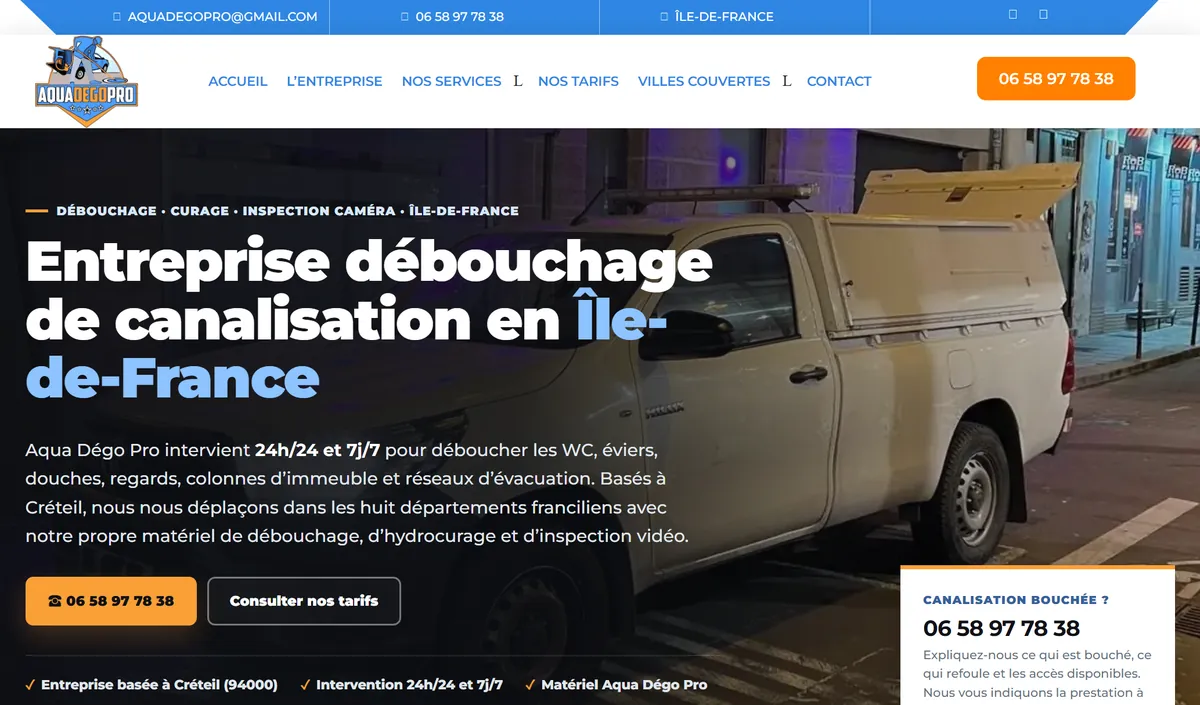 Page d'accueil du site Aqua Dégo Pro