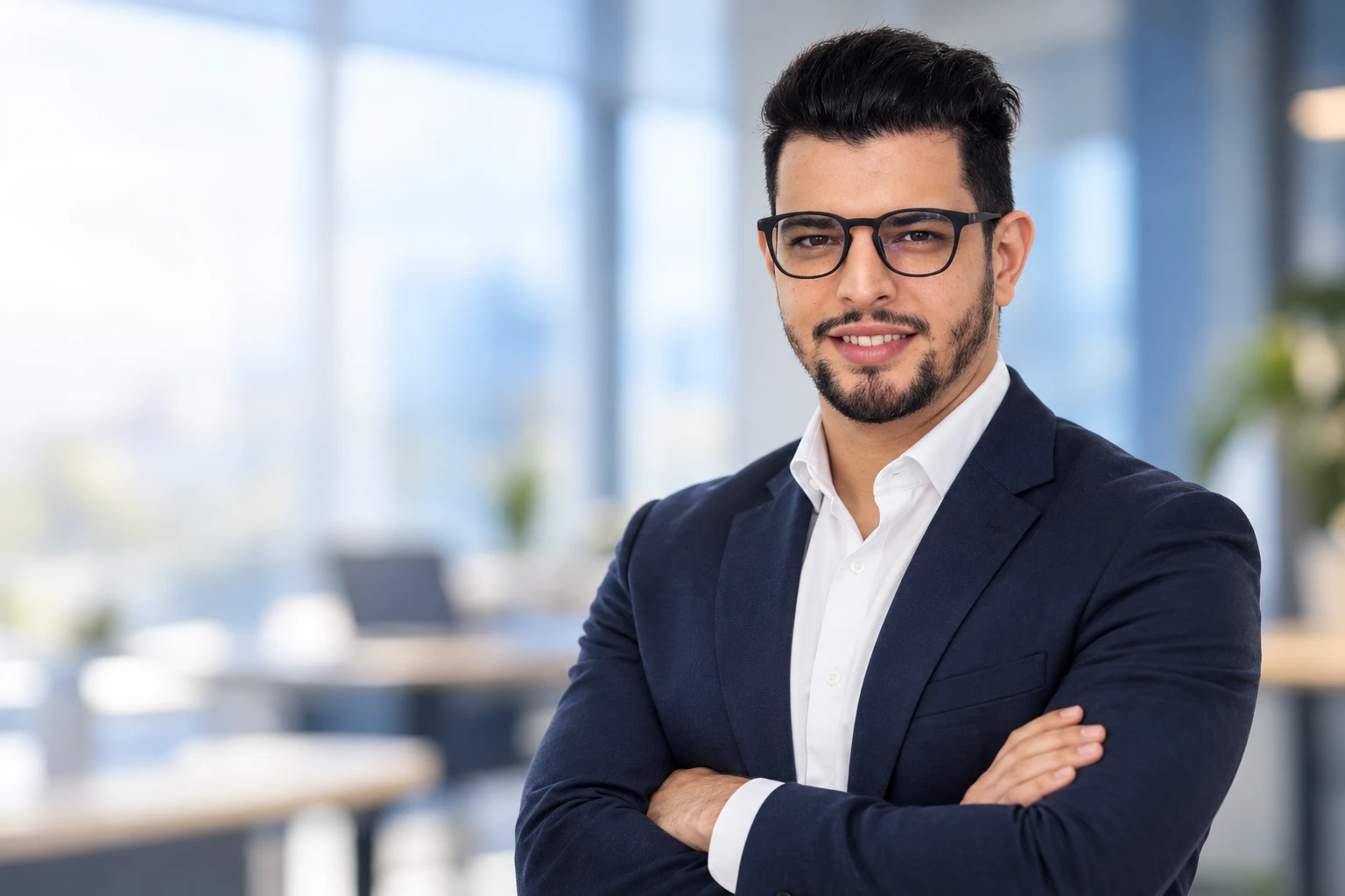Yasser Dib, bras croisés, dans un bureau lumineux